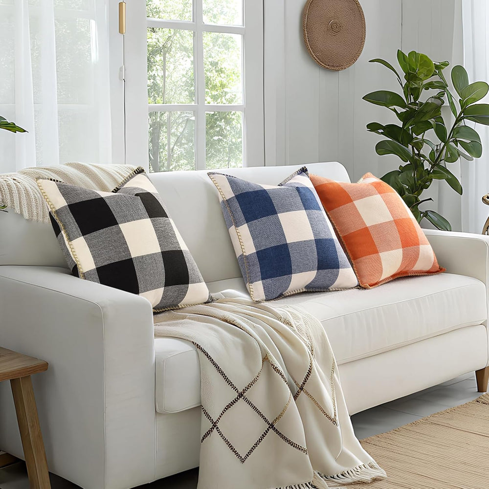 decorUhome Fall Plaid Linen Throw Pillow Covers 26x26 Set of 2 Navy Blue