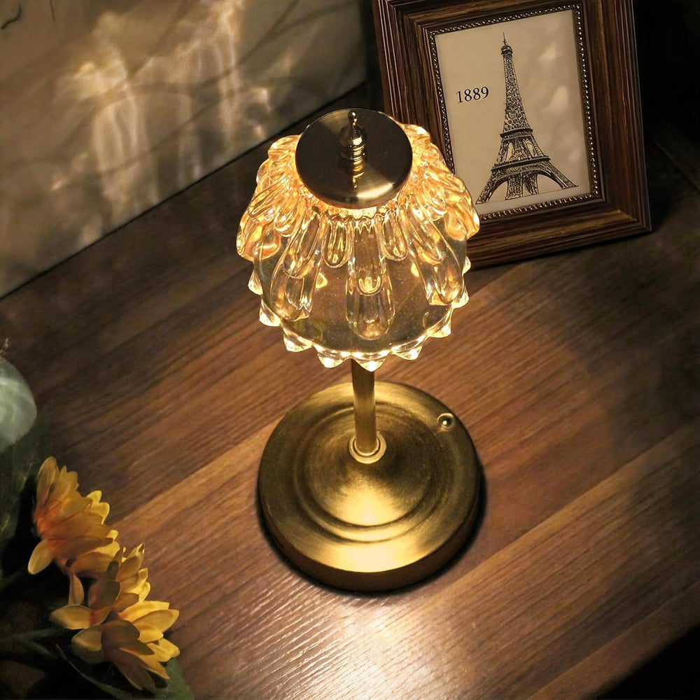 Rechargeable Cordless Table Lamp with Amber Glass, Gold Flower Table Lamp