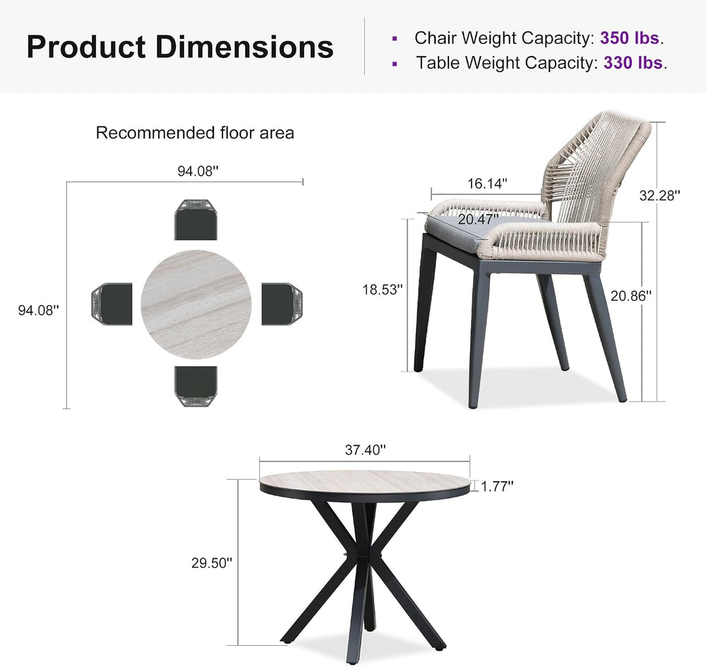 PURPLE LEAF Patio Round Dining Set 5 Pieces with Backs, Beige and Dark Grey