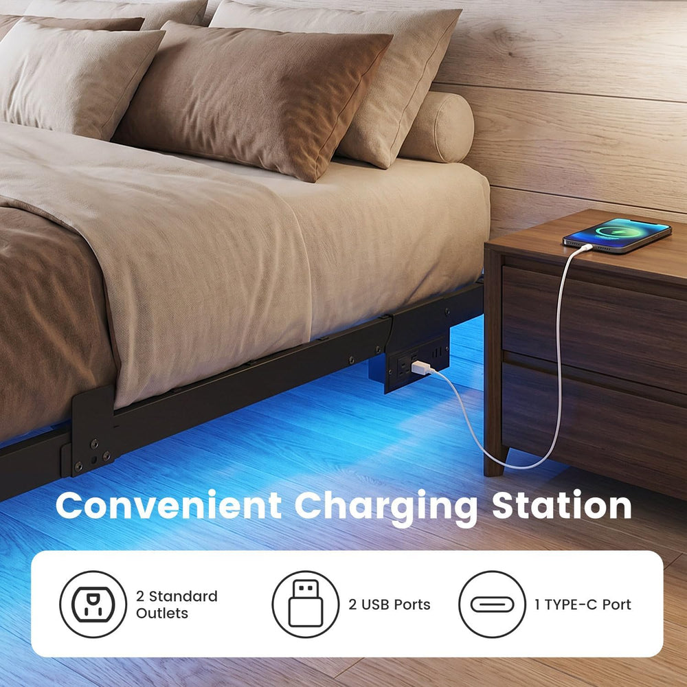 Liians Queen Floating Bed Frame with Smart LED Lights, USB Charging Station