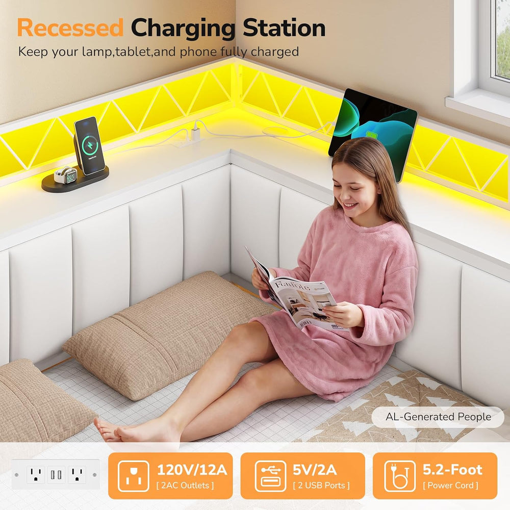 Corner Full Bed Frame with 6 Storage Drawers, Open Shelves,Charging Station