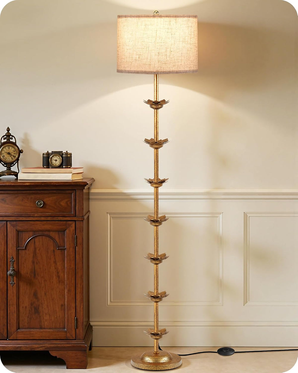 64 Inch Antique Gold Leaf Floor Lamp, 3CCT, Foot Switch, Flower Floor Light