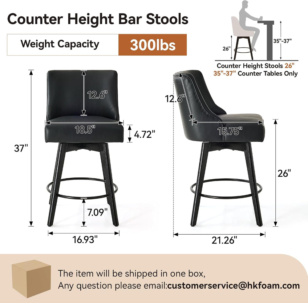 26" Counter Height Swivel Bar Stools, Set of 2, Black