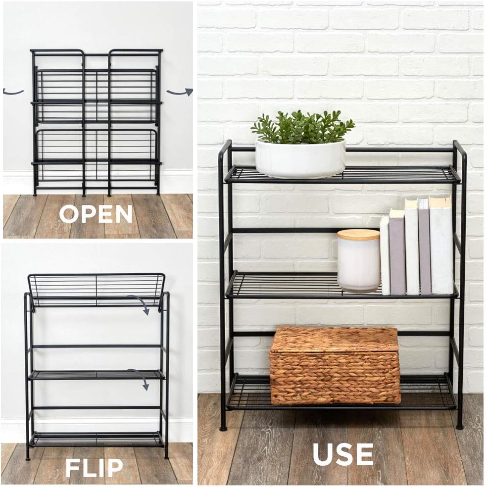 folding metal bookcase, 3 shelves, wide, black, package contents