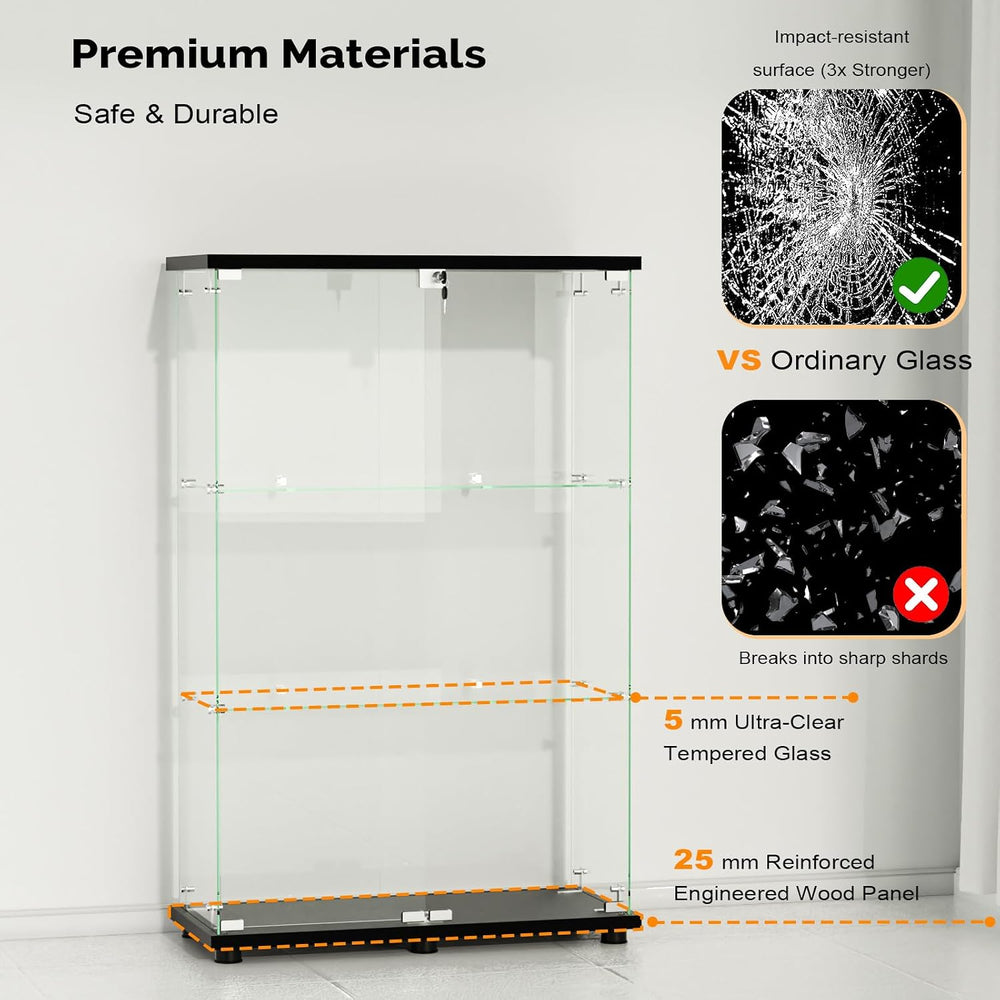 VINGLI Glass Display Cabinet with 3 Shelves, Double Doors and Lock, Floor Sta...