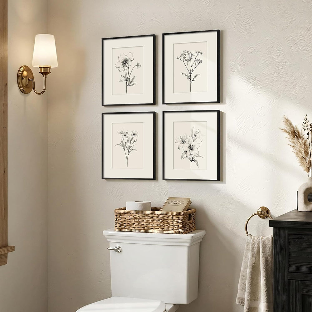 Framed Black and White Botanical Wall Art for Bathroom, 4 Piece 11x14 In