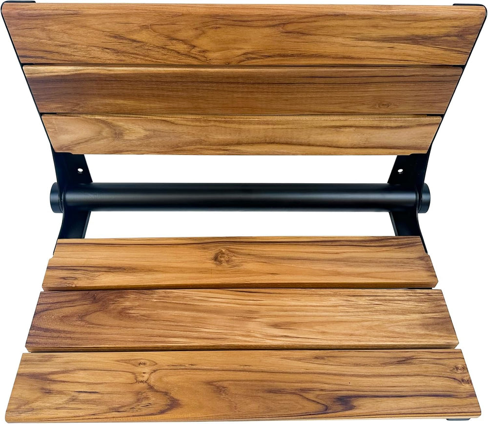 Teak Shower Seat Bench with Back, Matte Black, 300 lb, 24 in