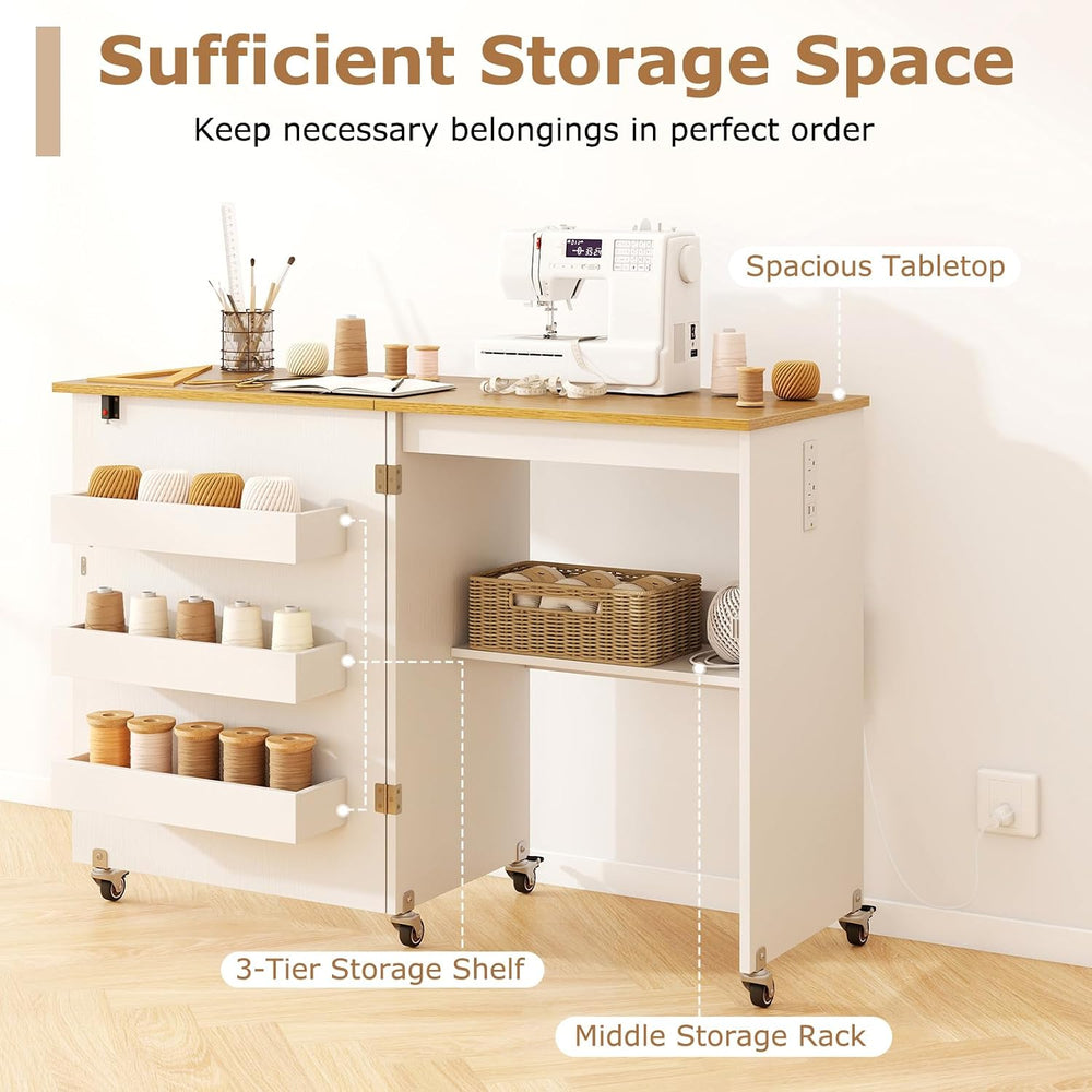 COSTWAY Folding Sewing Table with Charging Station, White & Natural