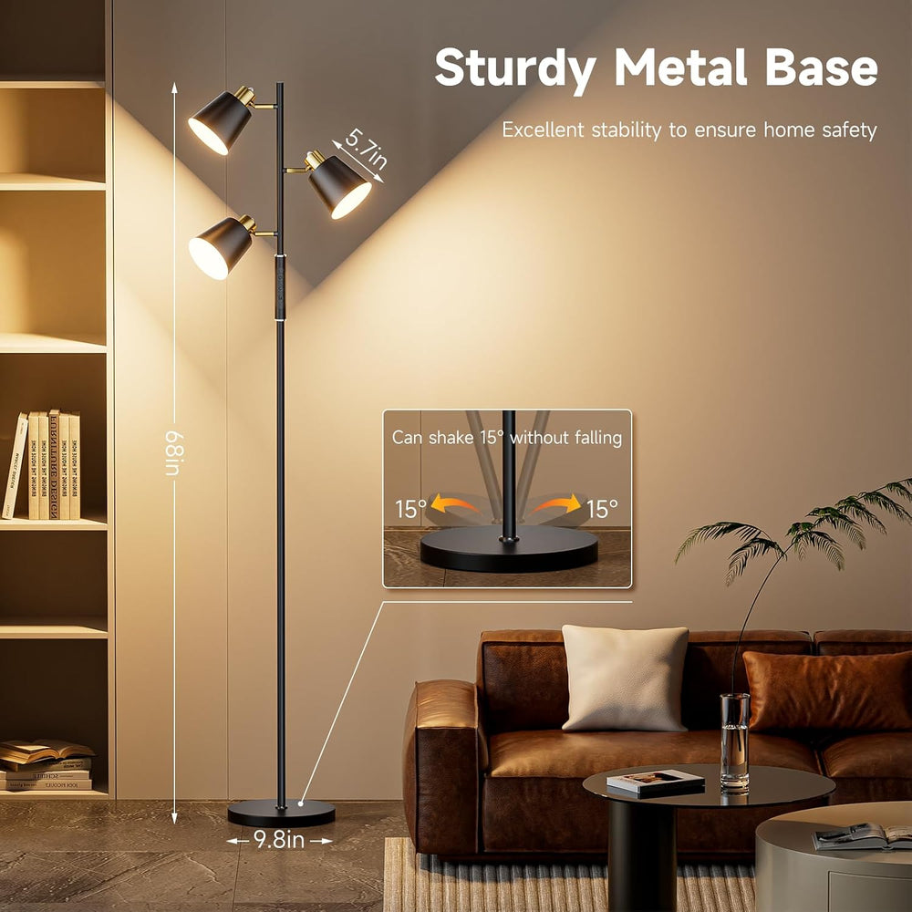 36W LED Tree Floor Lamp, 3 Rotatable Lights Standing Lamps for Living Room