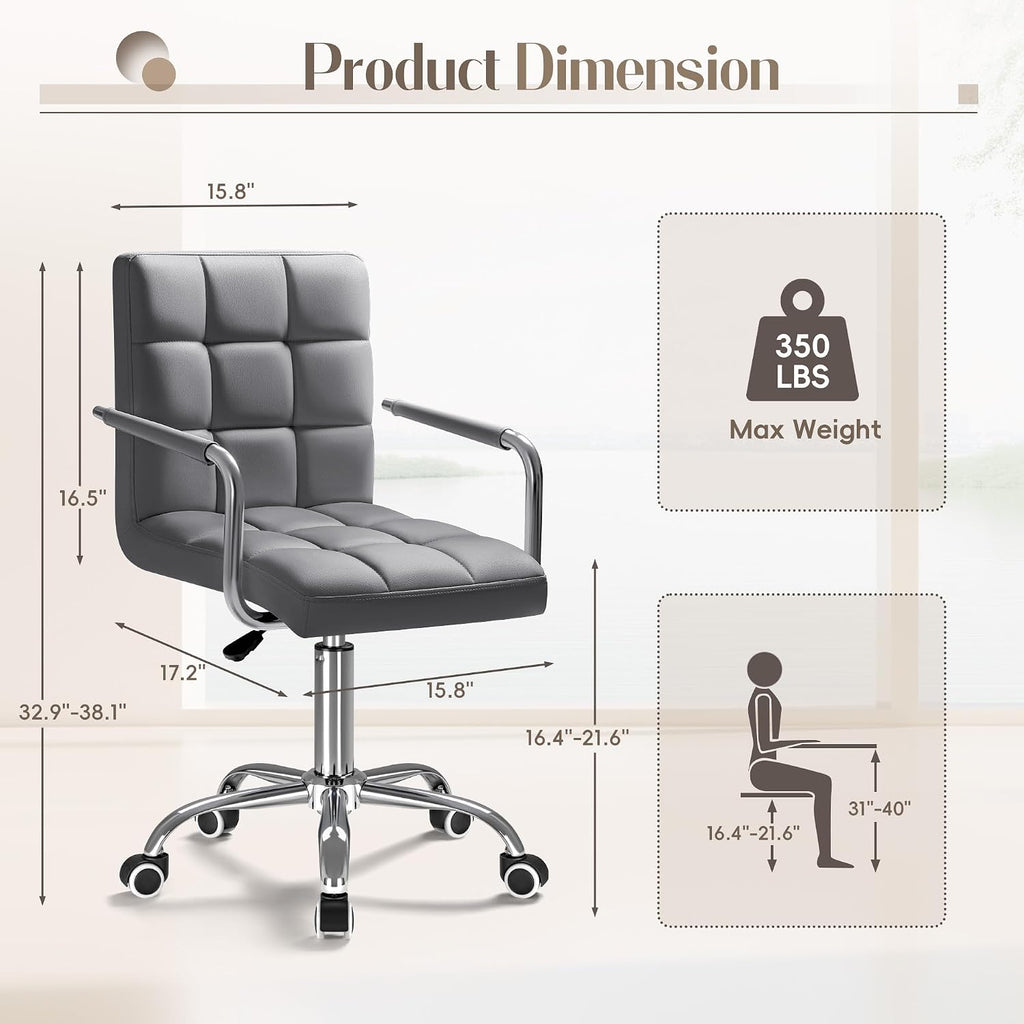 Furmax Small Office Chair with Wheels,Vanity PU Leather Desk Chair Modern Adjustable Home Desk Retro Comfortable Work Chair 360 Degree Swivel with Arms (Grey)