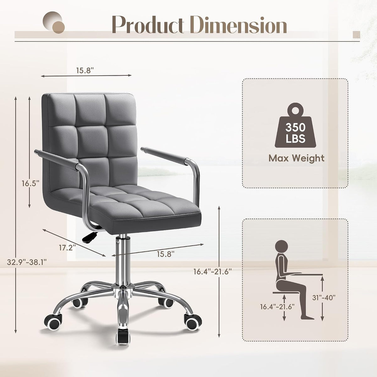 Furmax Small Office Chair with Wheels,Vanity PU Leather Desk Chair Modern Adjustable Home Desk Retro Comfortable Work Chair 360 Degree Swivel with Arms (Grey)