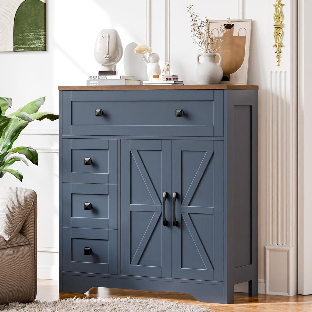 Vabches Farmhouse Storage Cabinet with 2 Doors and 4 Drawers, Blue