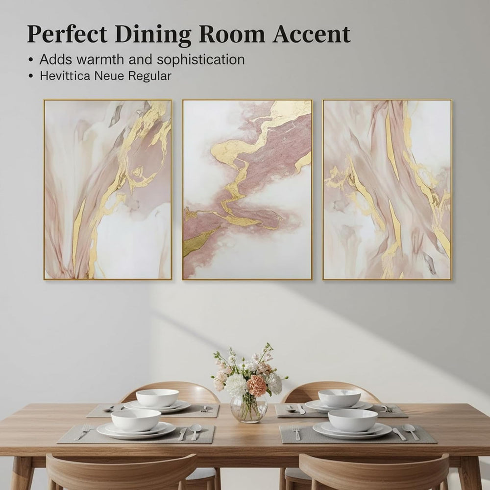 3 Piece Living Room Pink Wall Art, Framed Gold Abstract Painting Water Flow S...
