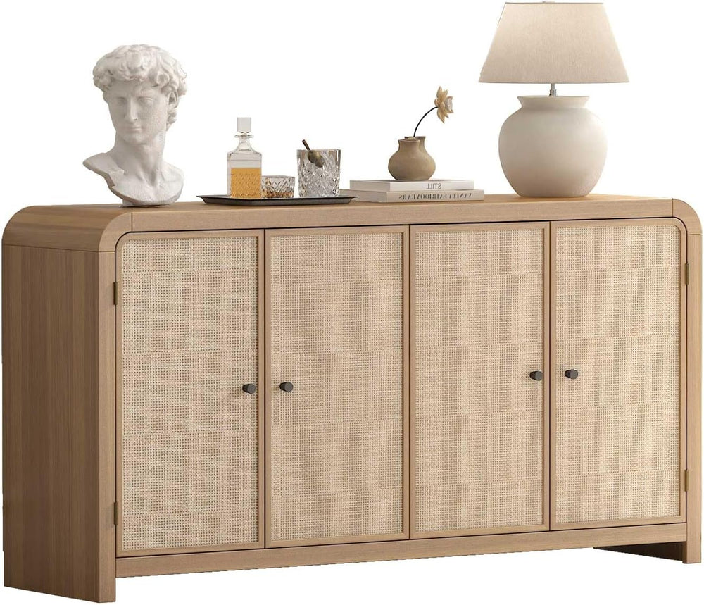Oak Rattan Sideboard Buffet Cabinet, 60'', 4 Doors