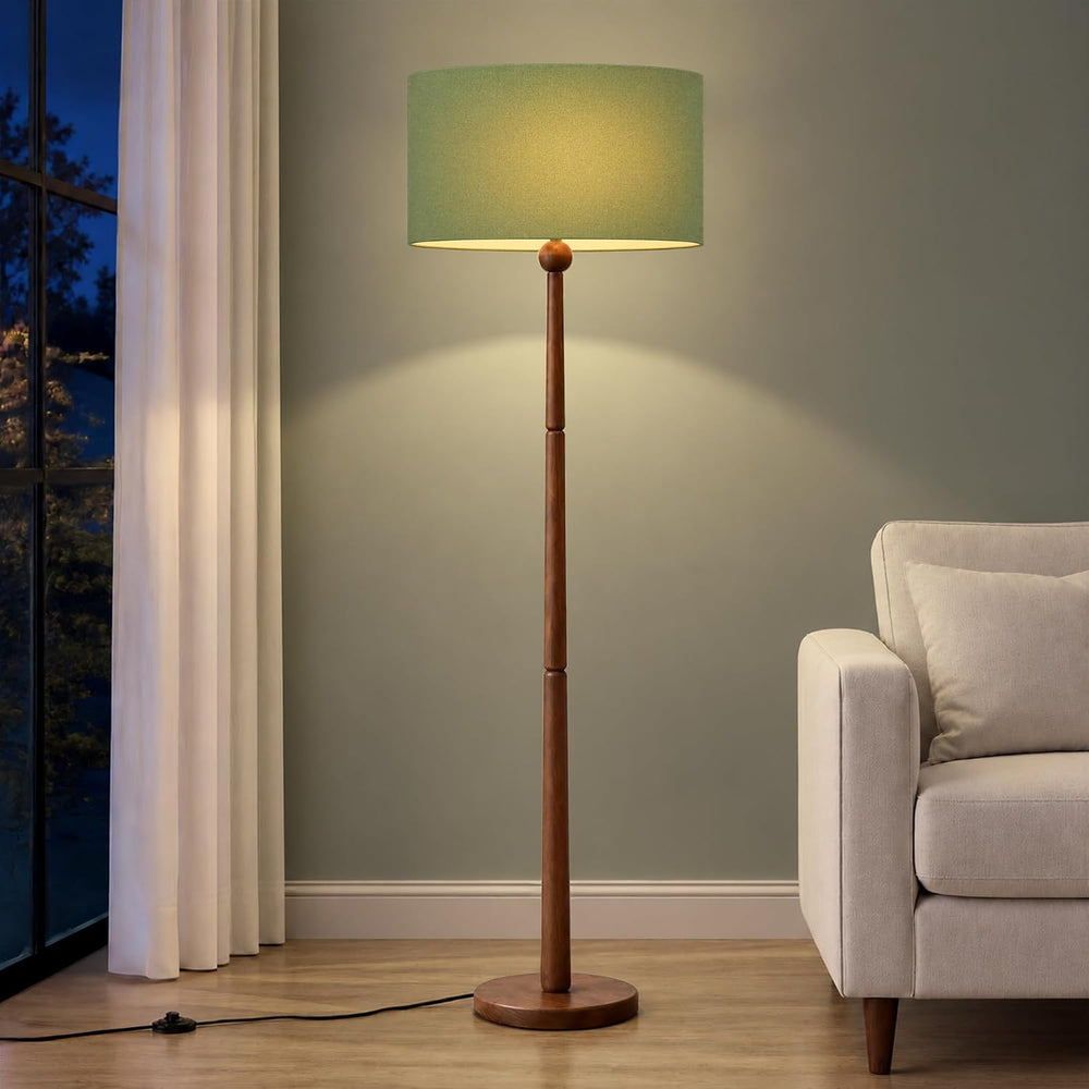 Buruis 65 Inch Single Ball Walnut Wood Floor Lamp with Linen Shade, Green