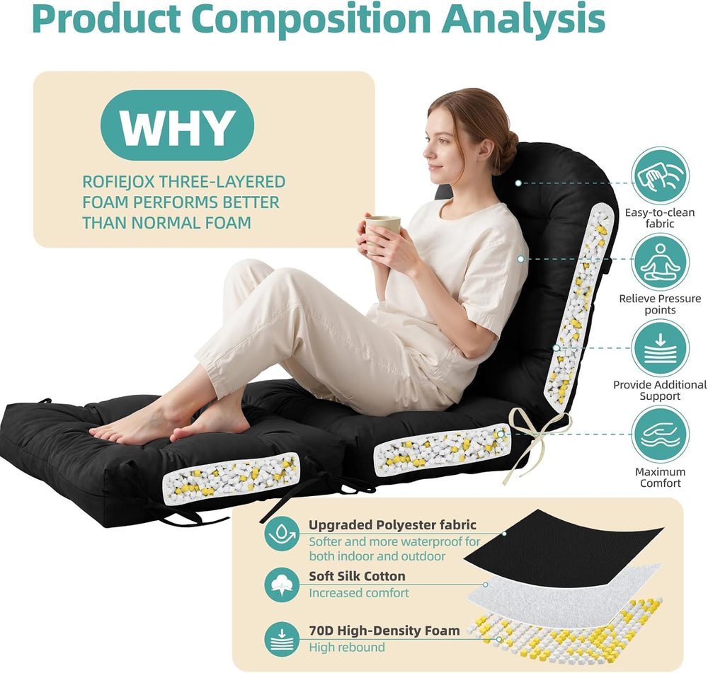 Rocking Chair Cushion Set with Ottoman Pad 4-in Thick, Black