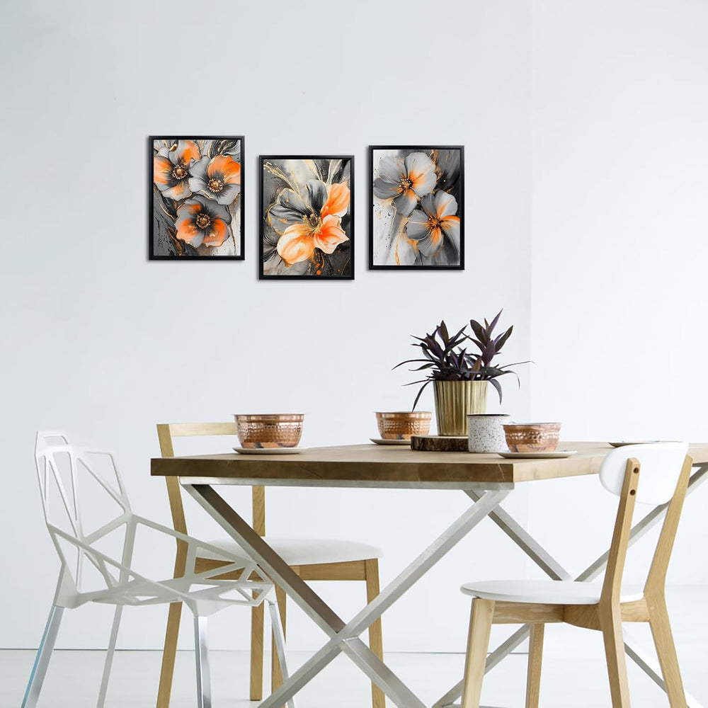 3 Piece Orange and Grey Abstract Flower Canvas Wall Art with Black Frame