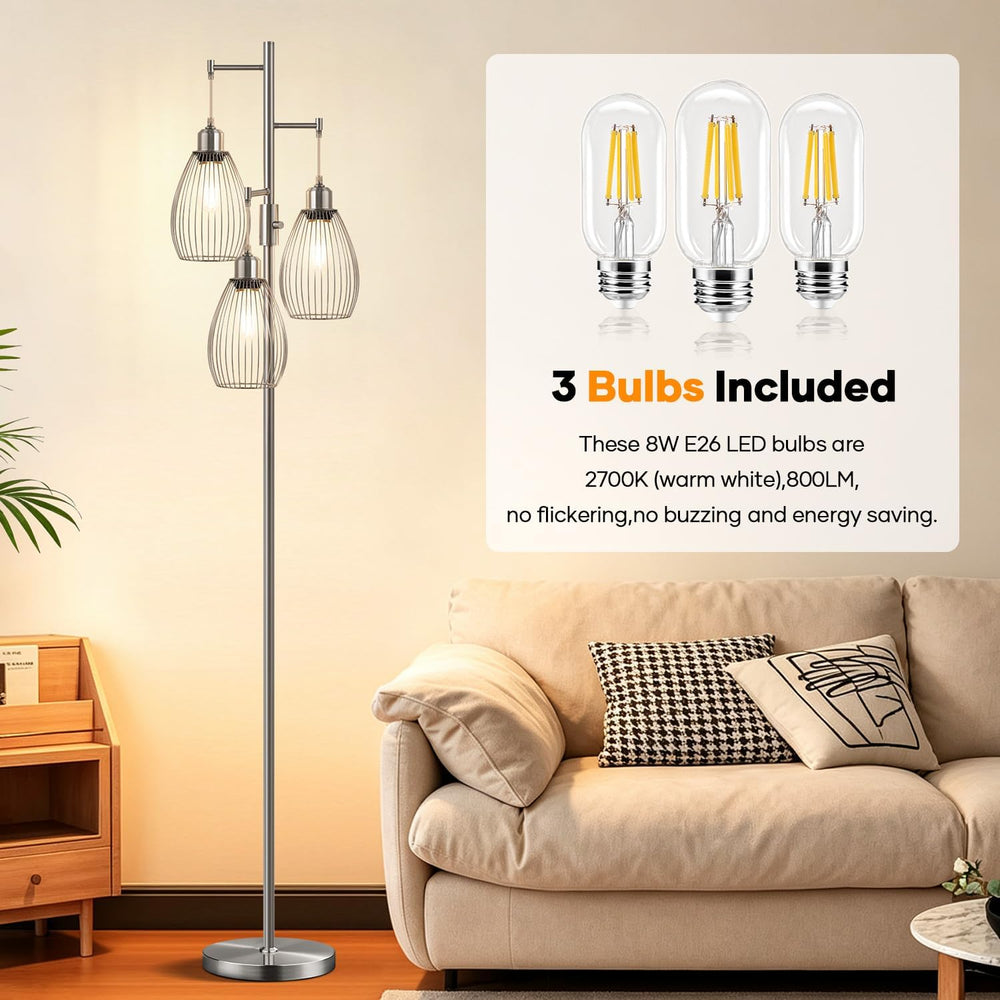 Nintiue Dimmable Floor Lamp, 3 x 800LM LED Edison Bulbs Included, Industrial ...