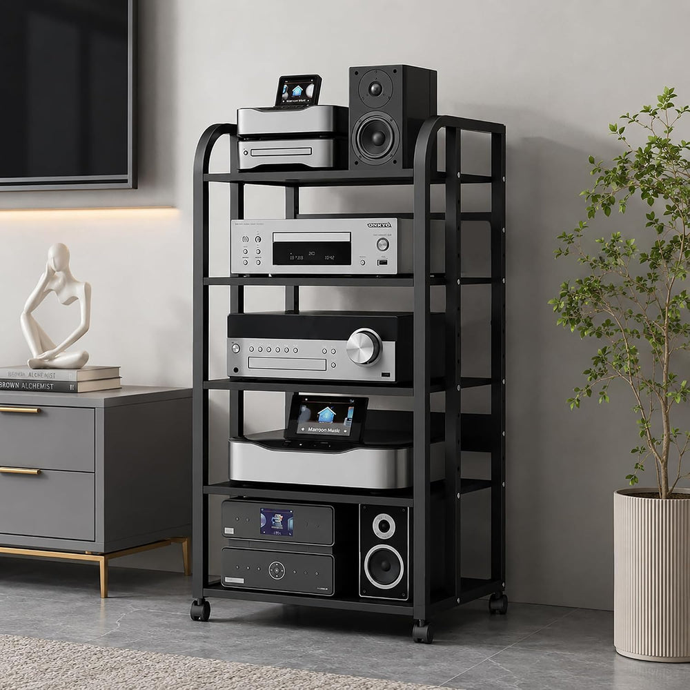 5 Tier Av Media Stand with Wheels, 39in Adjustable Audio Rack