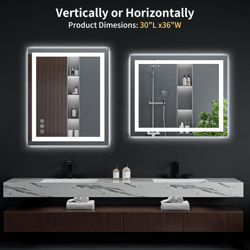 36"x30" LED Bathroom Mirror with Lights, Backlit+Frontlit, Anti-Fog