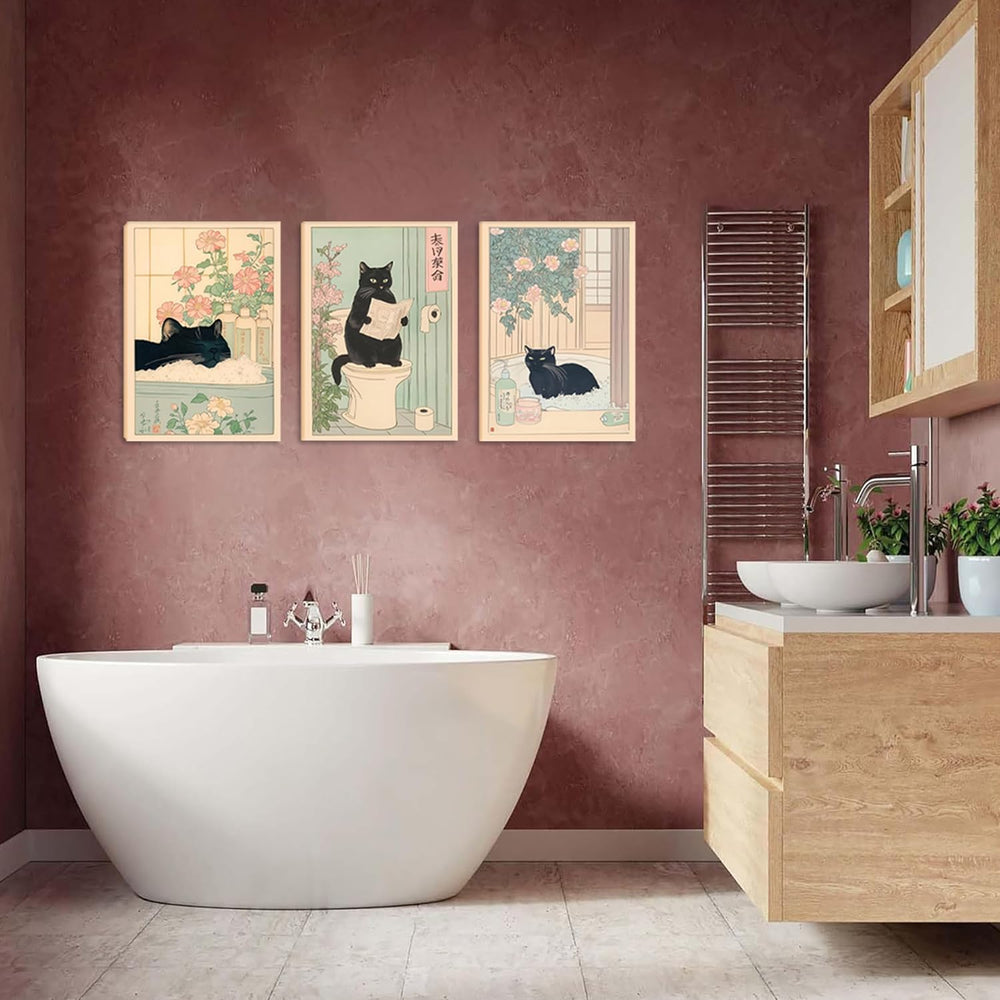 Funny Bathroom Canvas Wall Art Set of 3, Japanese Funny Black Cat Wall Decor ...