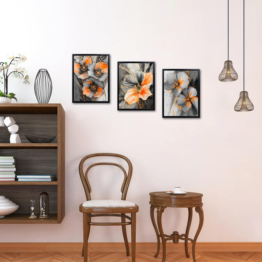 3 Piece Orange and Grey Abstract Flower Canvas Wall Art with Black Frame