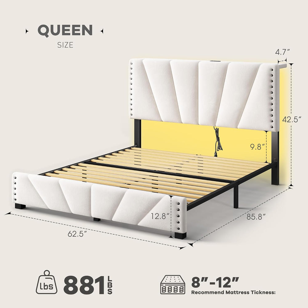 EnHomee Queen Bed Frame with LED Lights & USB, Noise-Free, Beige