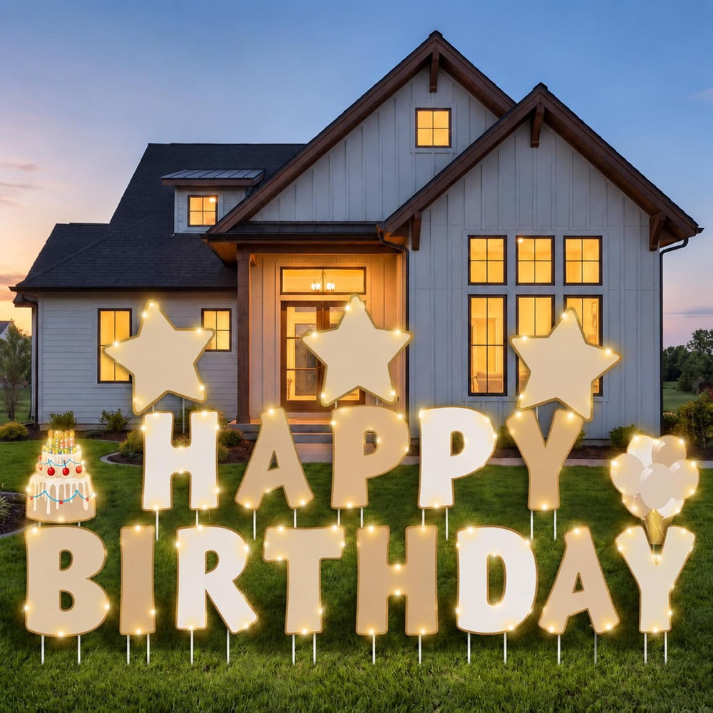 Jetec 18 Pcs Happy Birthday Yard Sign with Stakes and Light, Beige