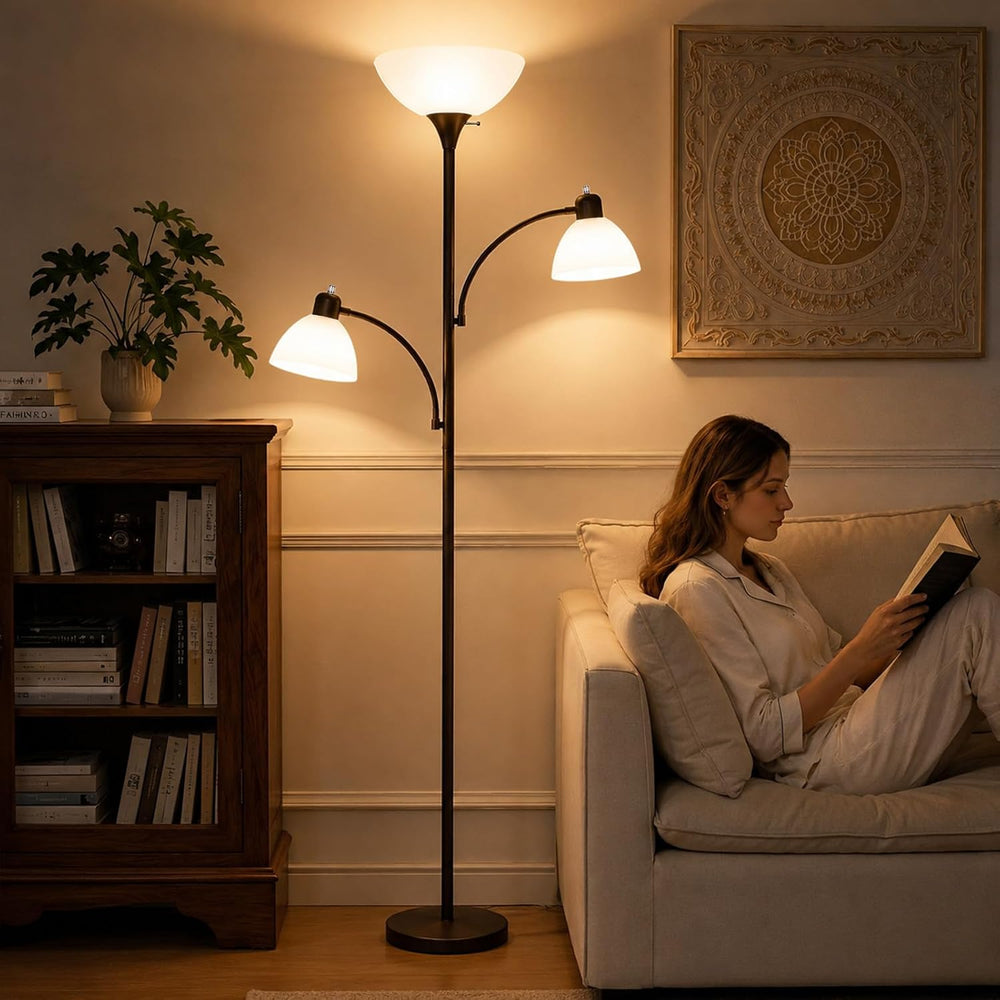 3-Head Torchiere Floor Lamps with 2 Reading Lamp for Living Room-Brown