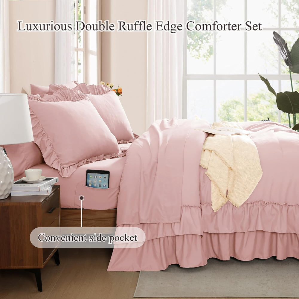 Queen Comforter Set Soft Pink Ruffle 7 Pieces Farmhouse Bed in a Bag