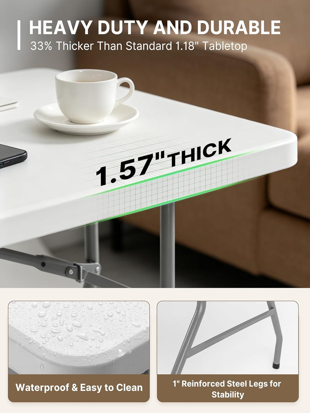 7FT Folding Table, Heavy Duty Fold-in-Half Portable Plastic White