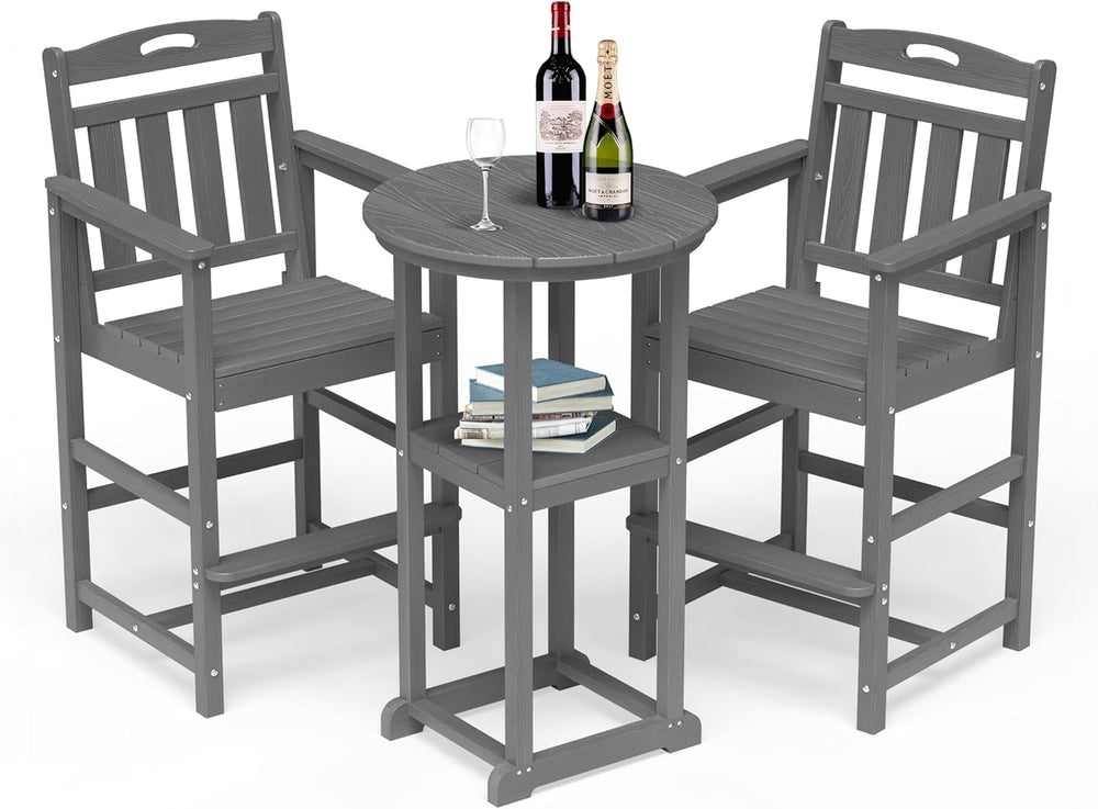 Outdoor Bistro Bar Set, Patio High Top Table and Bar Height Tall Adirondack C...