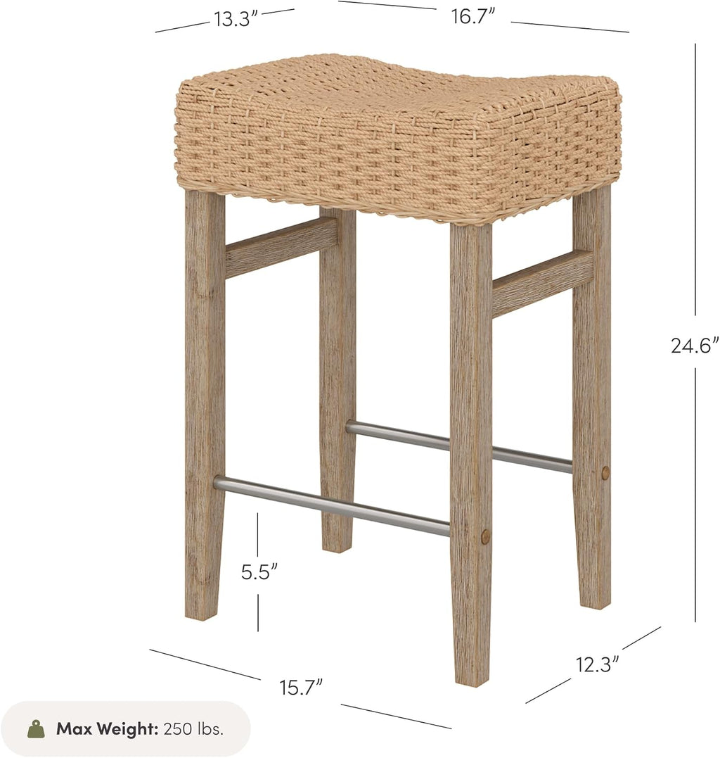 Nathan James Harvey Rattan Bar Stool, Bohemian Counter Height Stool with Woven Seagrass Seat, Solid Wood Legs, and Metal Footrest Seagrass/Brushed Gray, Set of 4