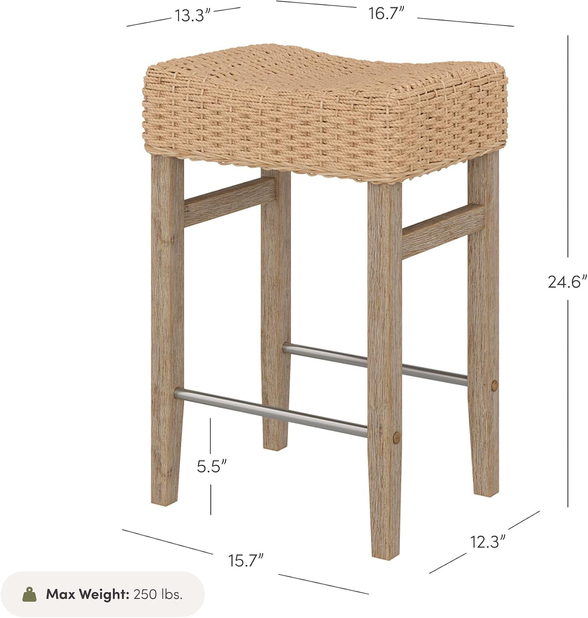 Nathan James Harvey Rattan Bar Stool, Bohemian Counter Height Stool with Woven Seagrass Seat, Solid Wood Legs, and Metal Footrest Seagrass/Brushed Gray, Set of 4