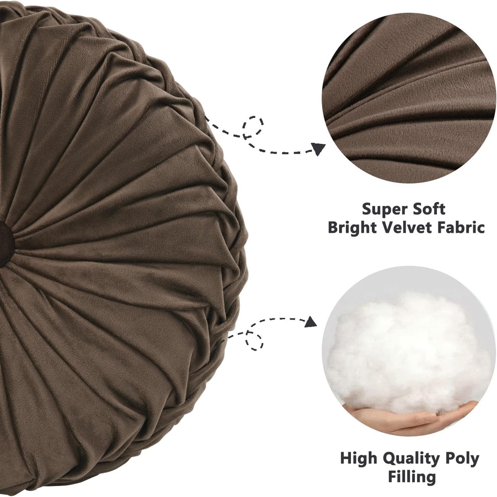 HIG Set of 2 Chocolate Velvet Decorative Round Pleated Throw Pillows