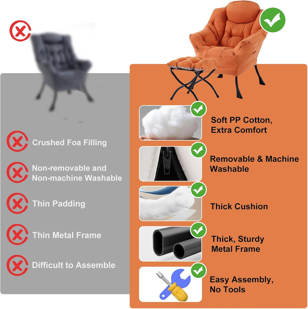 Furlide Lazy Chair with Ottoman, Soft Comfy Chair for Bedroom, Orange