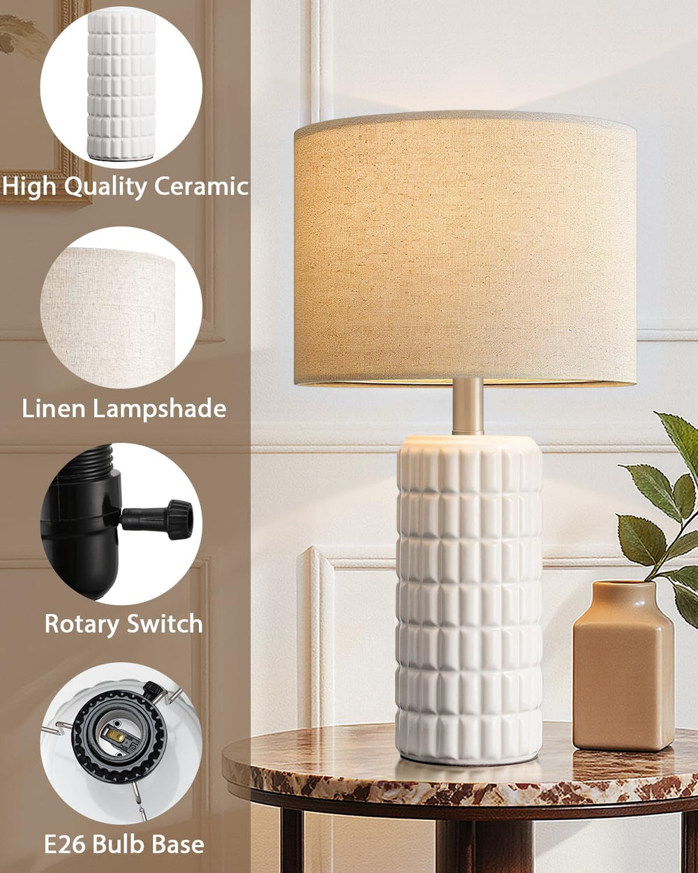Seealle 23" Single Modern Ceramic Table Lamp, Nightstand Lamp, White