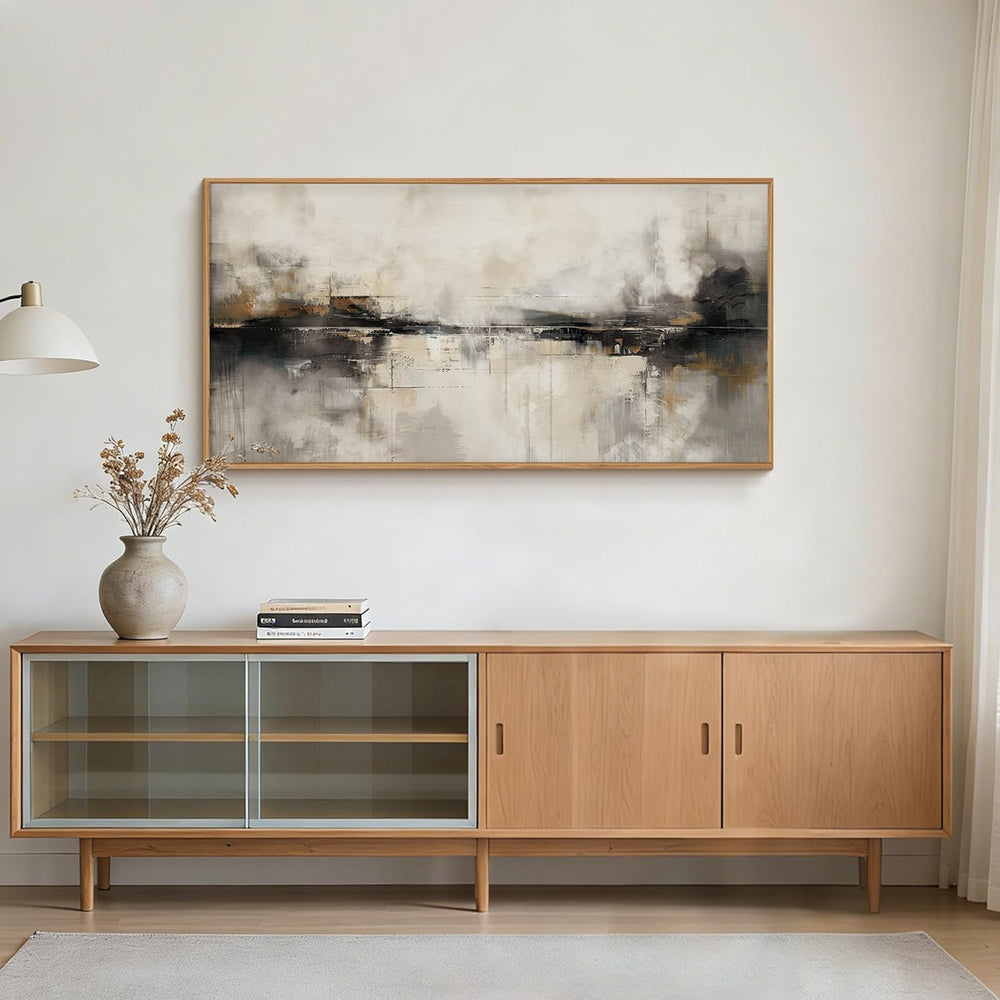 HOURIA Abstract Neutral Beige Black Framed Canvas Wall Art Set- 40"x20&q...