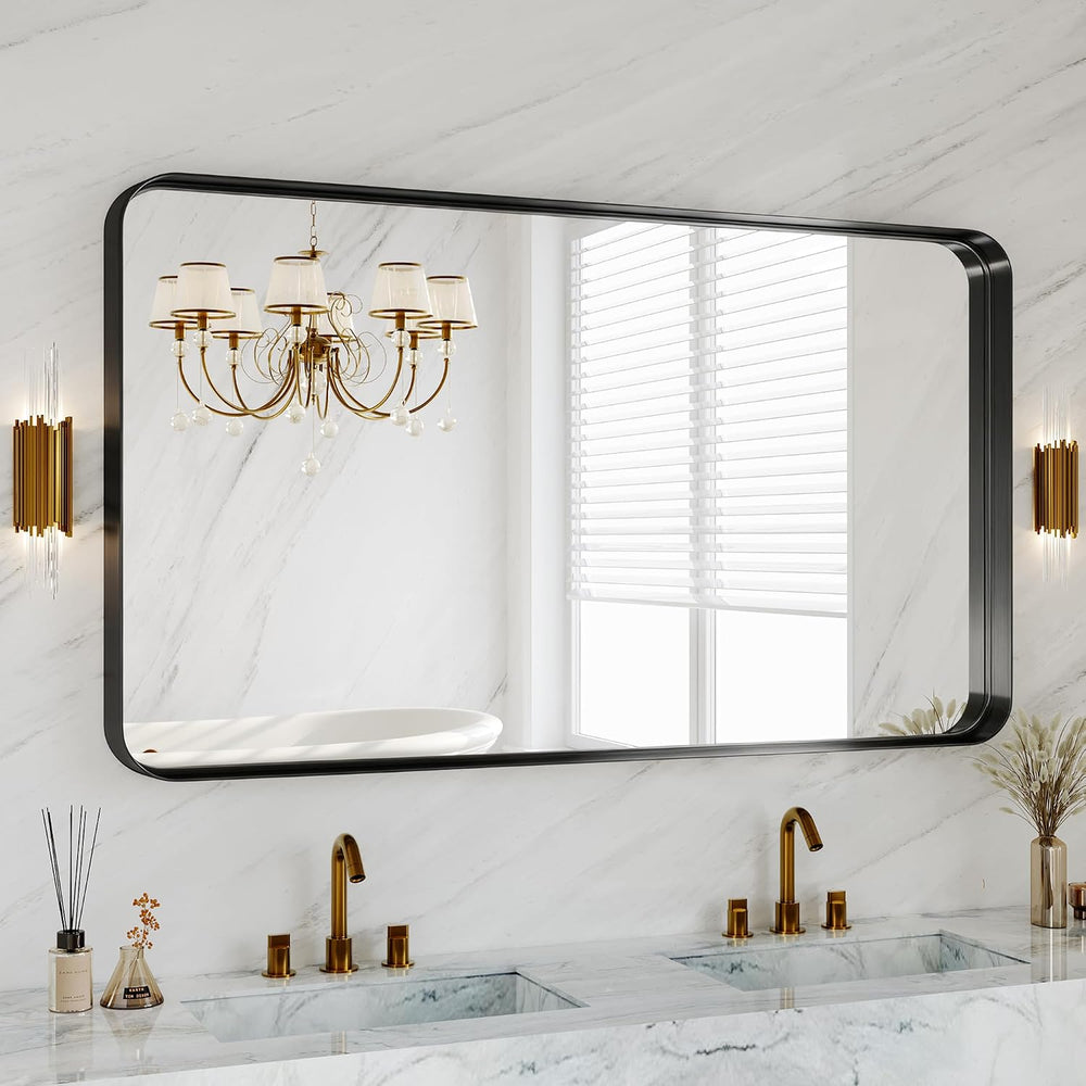Black Metal Vanity Rounded Rectangle Bathroom Mirrors for Over Sink Wall