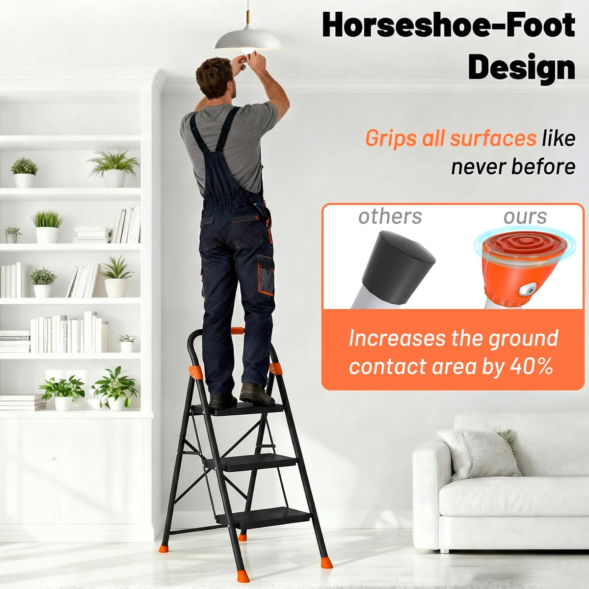 3 Step Ladder, 900 lbs Capacity Heavy Duty Step Stool with Safety Lock, Black Sturdy Step Ladder with Wide Anti-Slip Pedal, Folding Step Stool with Orange Cushioned Handle for Kitchen, Home & Garage