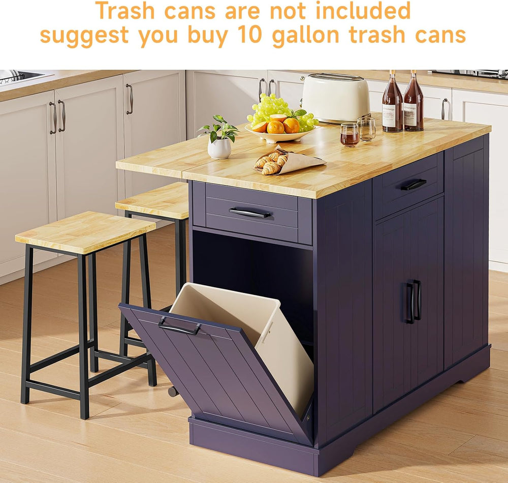 ONBRILL 47" Kitchen Island with Trash Can Storage, Include 2 Chairs, Blue