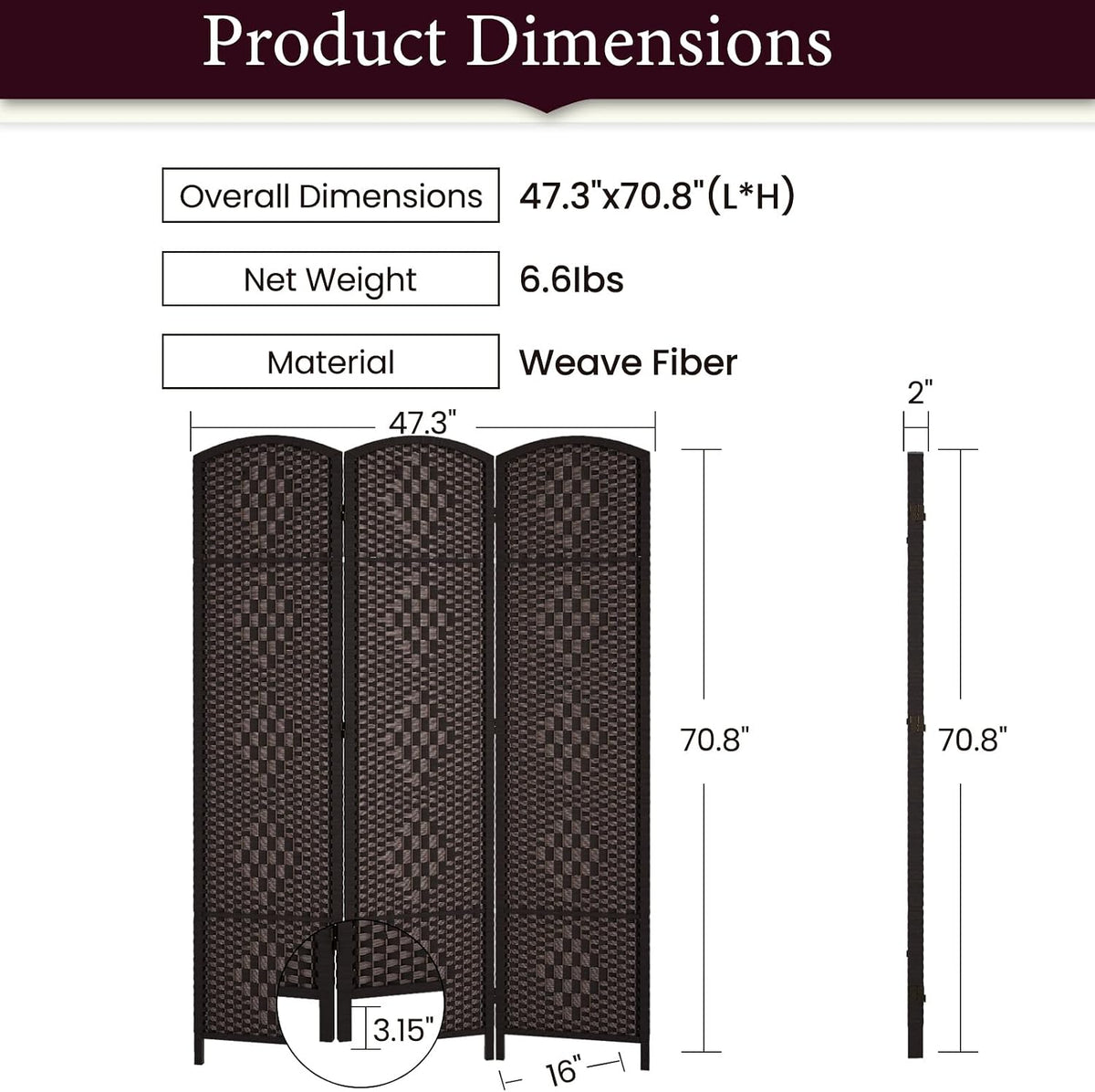 RHF Room Divider Panel,3 Panel Partition Room Dividers Screen, Dark Coffee