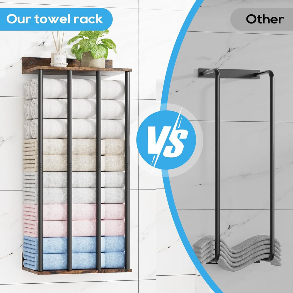 Wall Mounted 4-Bar Towel Rack with Wooden Shelf, Bathroom Storage Holder