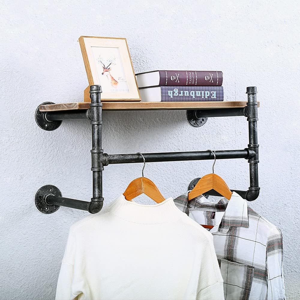 Industrial Pipe Clothing Rack With Shelves,Wall Mounted Clothes Rack 24In