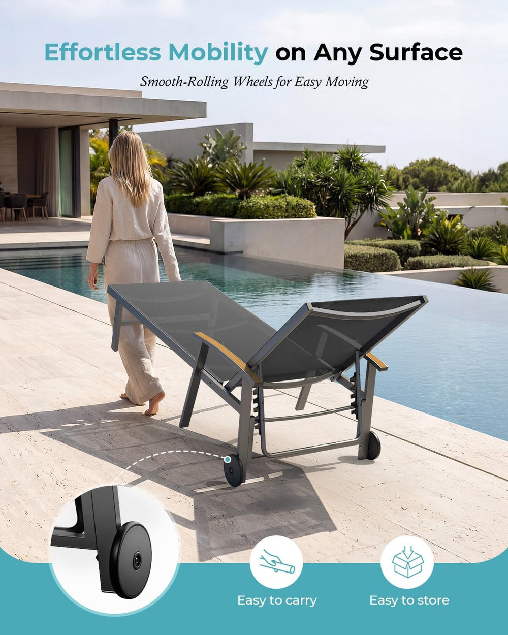 Ciokea Outdoor Lounge Chair with Pillow, 5-Position Aluminum Chaise Lounge wi...