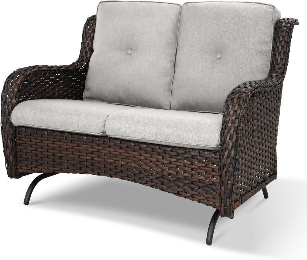 Patio Loveseat Wicker Loveseat Rattan Glider Sofa with Curved Armrest Thickin...