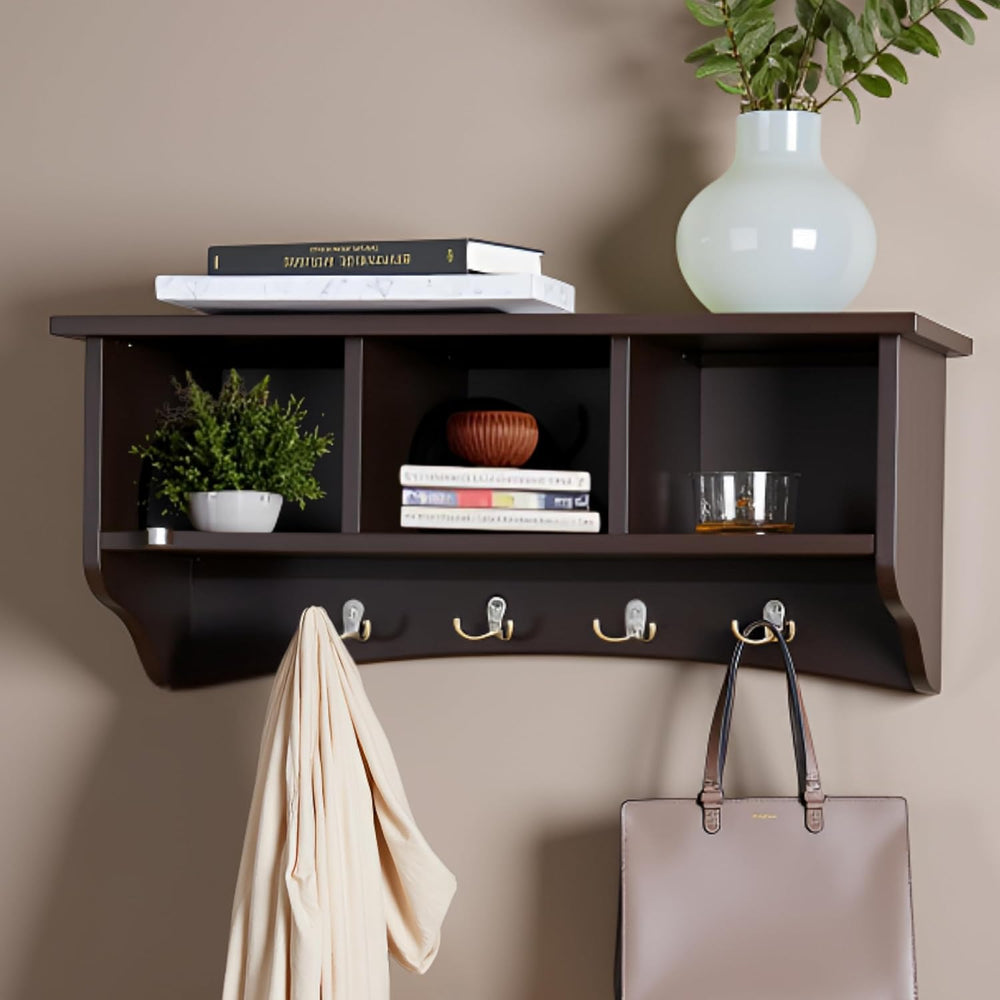 Alaterre Shaker Cottage Wall-Mounted Coat Rack with Cubbies, Chocolate, 36”