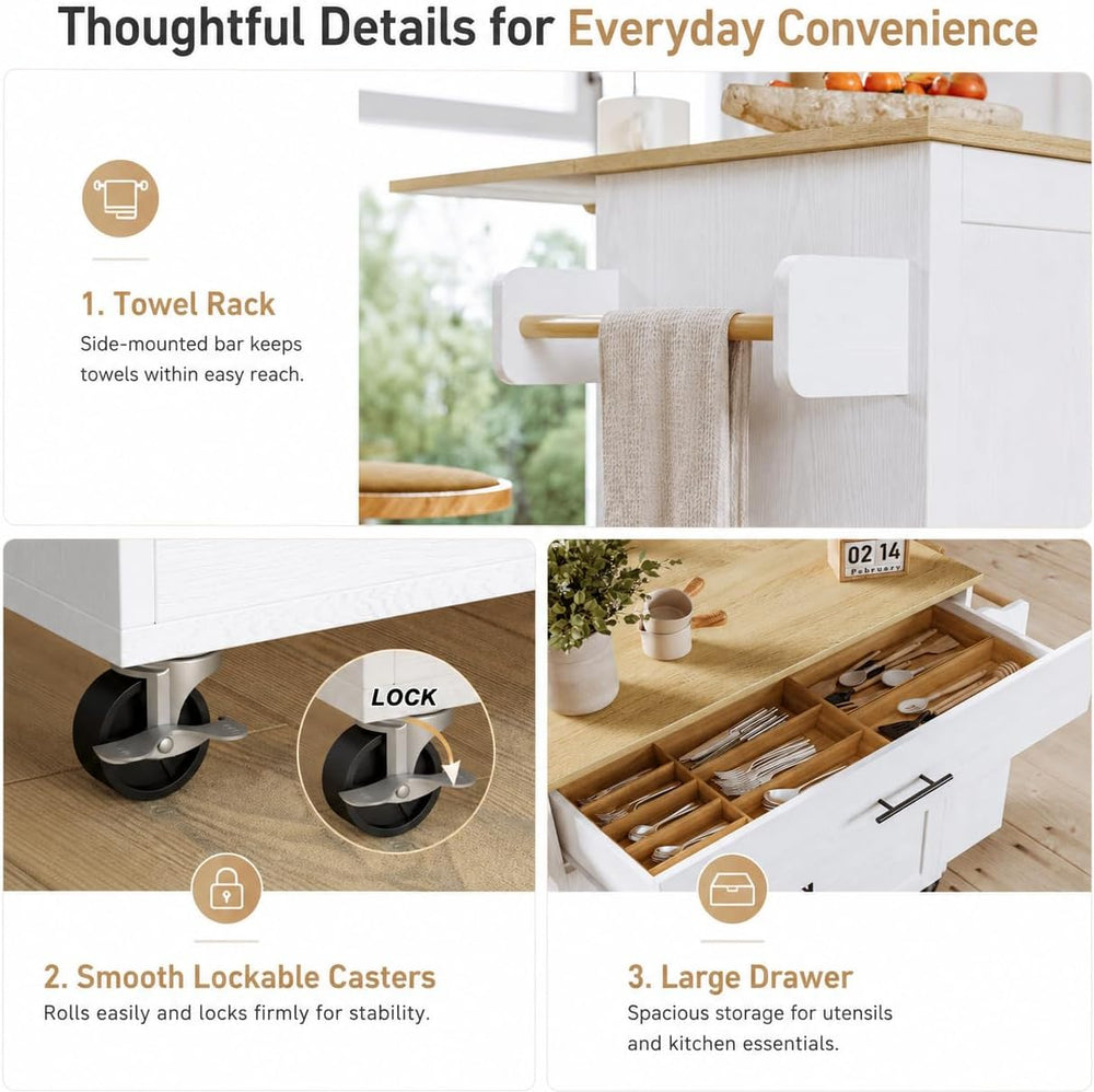 IRONCK Kitchen Island with Storage, Charging Station and Drop Leaf, White