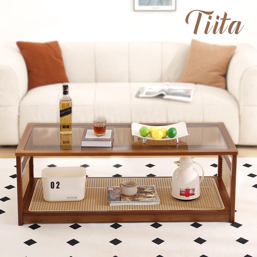 Tiita Large Bamboo Rectangle Coffee Table, Glass Top, Rattan Storage, Brown
