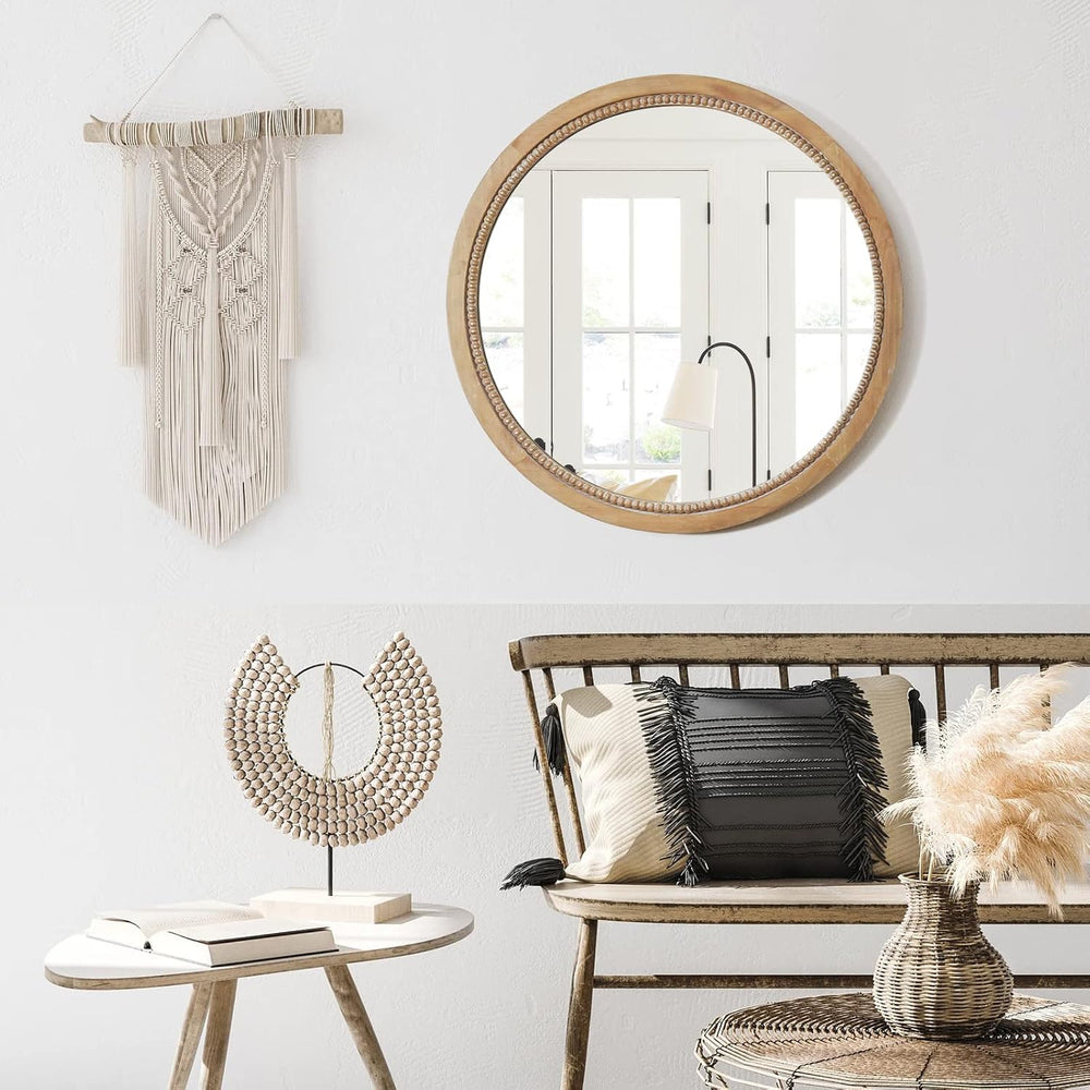 Round Wood Mirror,18" Circle Farmhouse Vanity Boho Bathroom Wall Mirrors